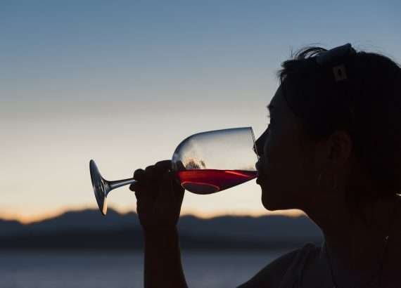 Woman in silhouette sipping wine at sunset by twenty20photos