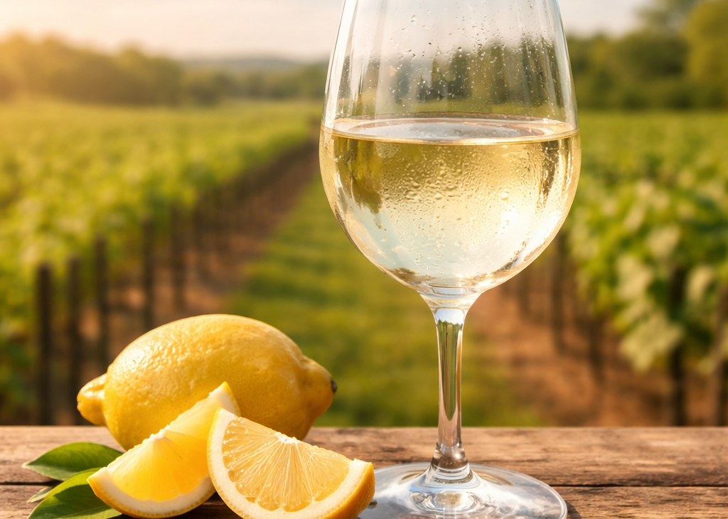 Glass of chilled white wine with fresh lemon slices on a wooden table in a vineyard, illustrating acidity in wine